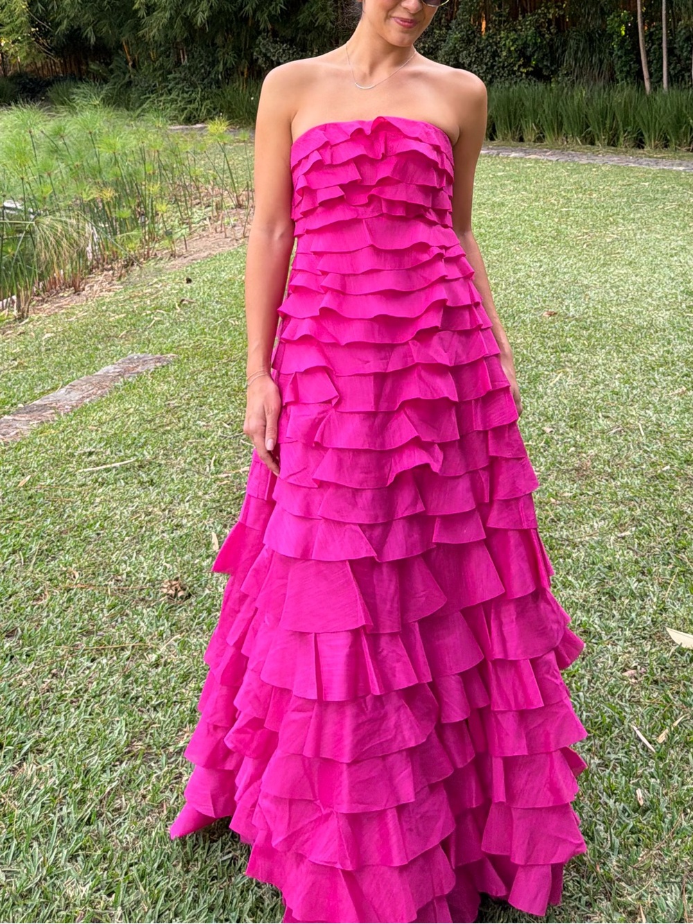 Aje Fuchsia Strapless Tiered Ruffle Maxi Dress